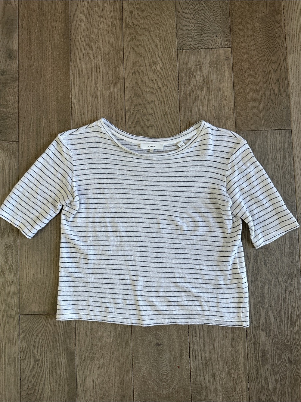 Vince White Tee 100% Linen with Thin Black Stripes